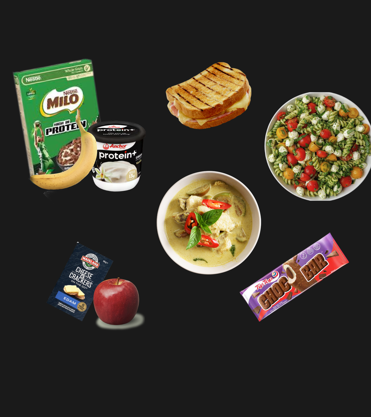 Working as a builder means James needs plenty of food that’s filling, convenient and easy to take to work. One of his favourite days included a loaded bowl of cereal, a toasted sandwich and snacks for first smoko, pesto pasta for second smoko, green curry for dinner and an ice cream for dessert.