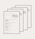 The image shows two overlapping meal plan sheets with a minimalist design and white background. The title "MEAL PLAN" is at the top. The plan includes four sections: "breakfast - lemon meringue chia pudding," "lunch - crispy chicken wrap," "dinner - beef ramen," and "snacks," each listing ingredients and quantities. Nutritional info at the bottom reads: "P 110 C 200 F 55 CAL 1735" and notes, "All food is raw weight."