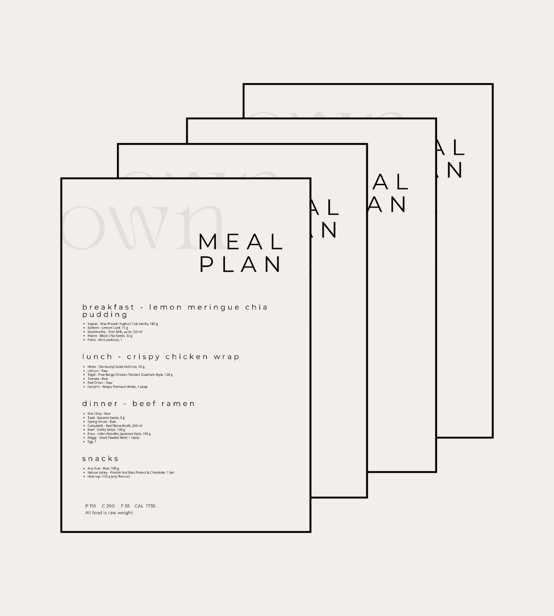 The image shows two overlapping meal plan sheets with a minimalist design and white background. The title "MEAL PLAN" is at the top. The plan includes four sections: "breakfast - lemon meringue chia pudding," "lunch - crispy chicken wrap," "dinner - beef ramen," and "snacks," each listing ingredients and quantities. Nutritional info at the bottom reads: "P 110 C 200 F 55 CAL 1735" and notes, "All food is raw weight."